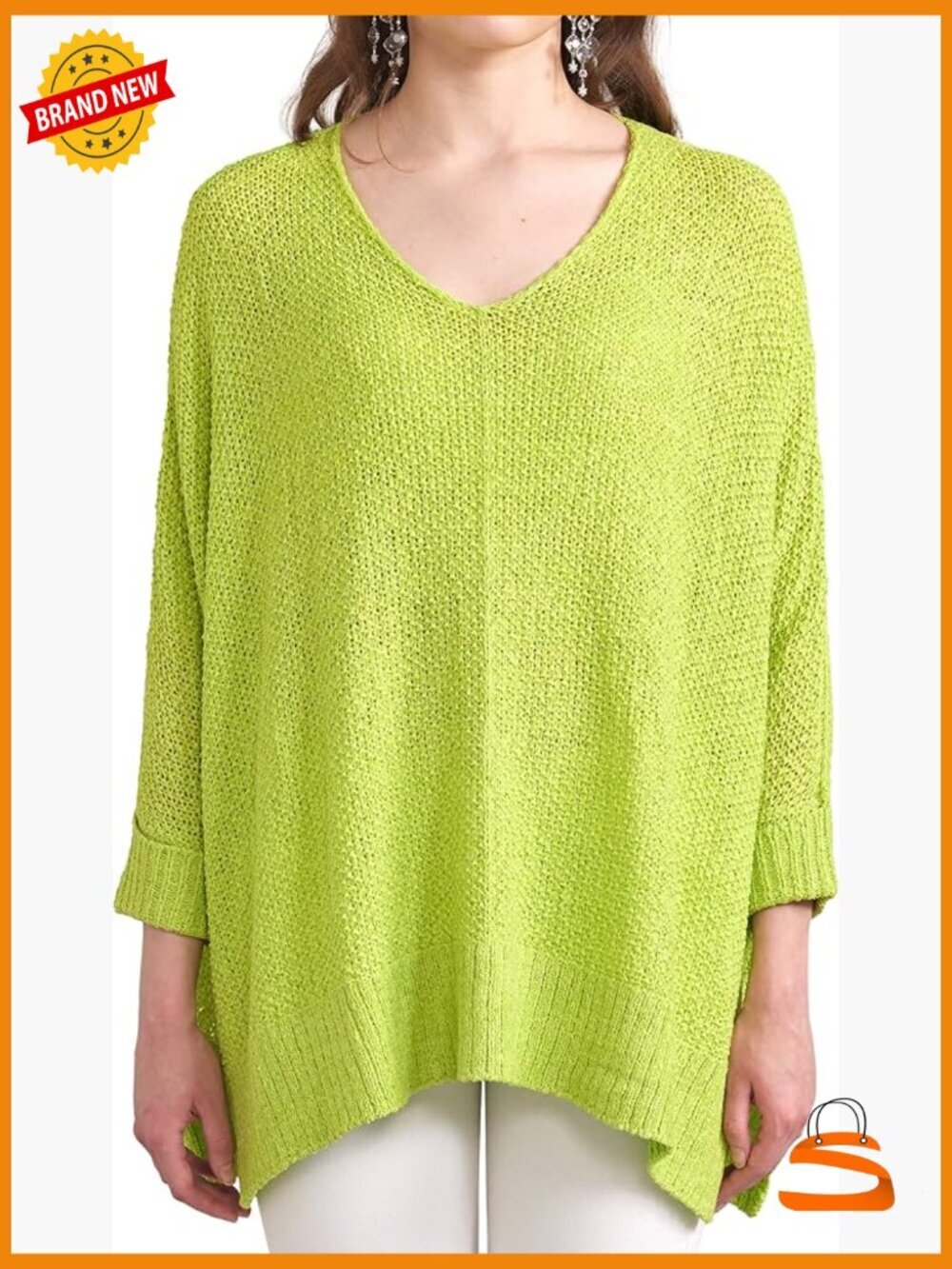 Oversized V-Neck Cuffed Sleeve High Low Ribbed Hem Sweater